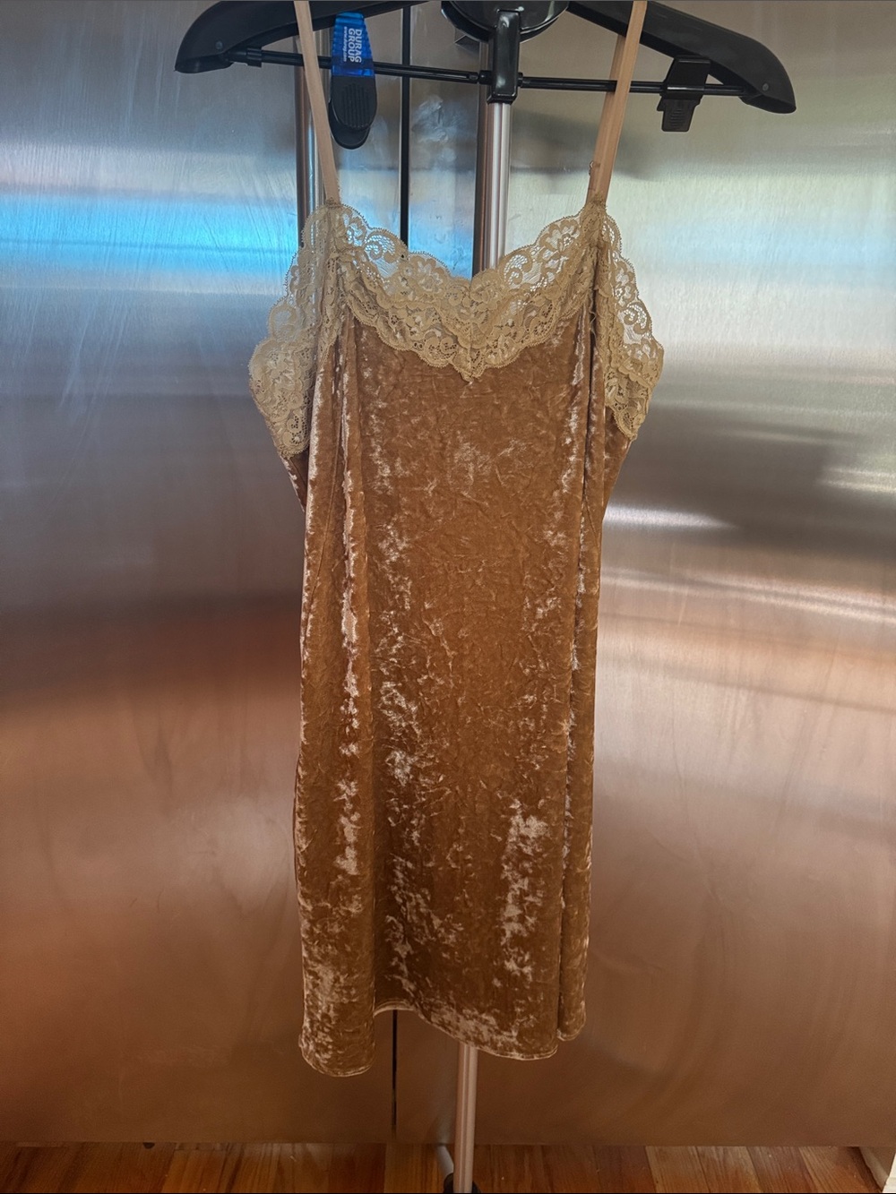Velvet Lace-Trim Slip Dress in Camel